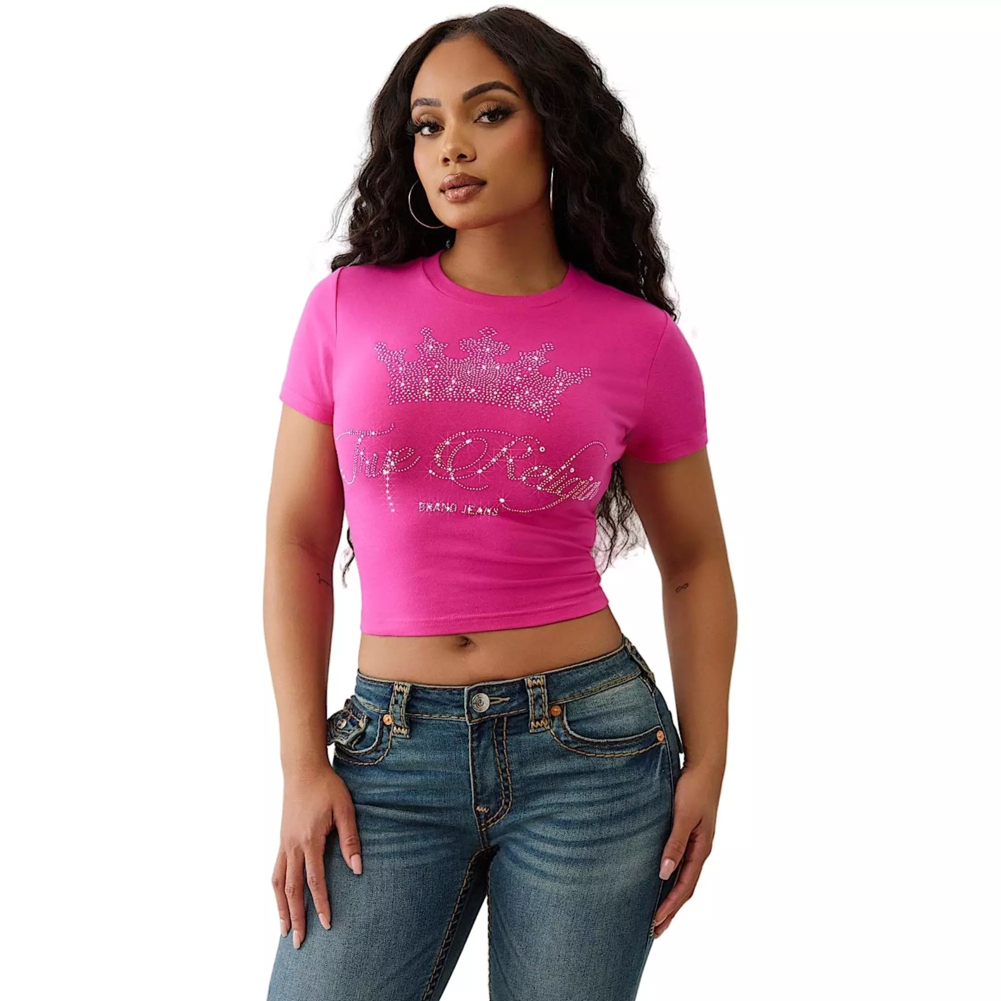 True Religion Crystal Crown Baby Tee, Pink | Hibbett